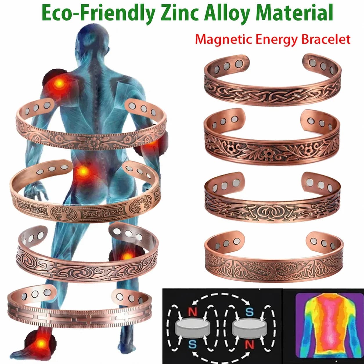 Energy bracelet with adjustable magnet with popular opening in magnetic red copper with European and American retro water ripple