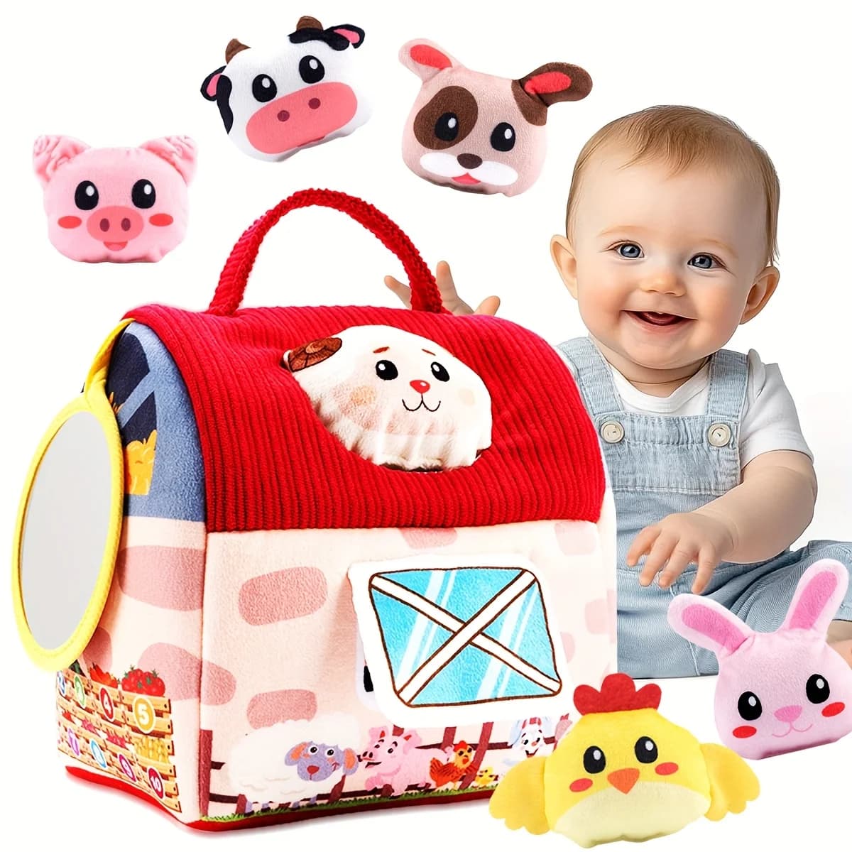 Fienile a sorpresa per bambini con animali da fattoria ripieni, sonaglio, carta increspata e giocattoli a specchio, palline sensoriali per regali di Natale per bambini