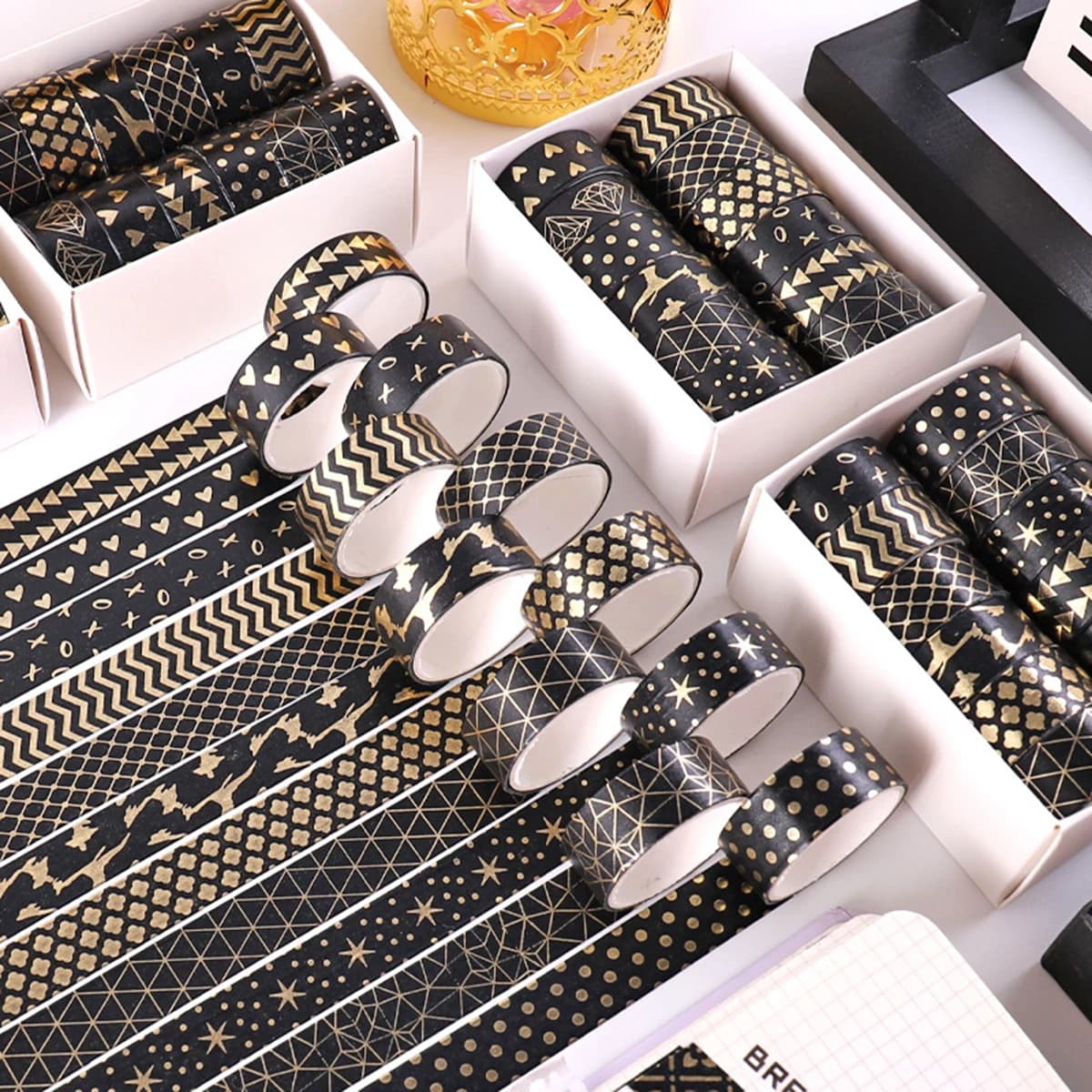 12 Rolls Black Gold Foil Washi Tape for Scrapbooking,Journaling Supplies,Decorative Masking Tape Set,Star Theme DIY Crafts