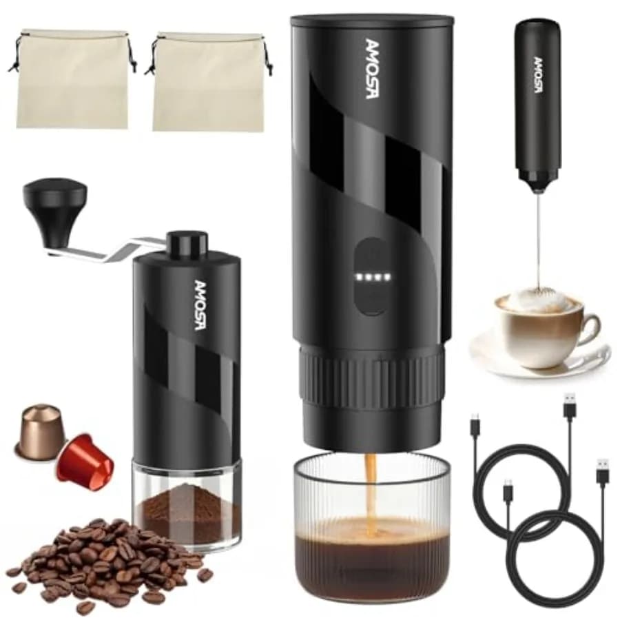 Macchina da Caffè Espresso Elettrica Portatile con Macinacaffè Manuale e Montalatte Integrati - Set Mini da Viaggio per Campeggio, Auto, Camper, Escursioni
