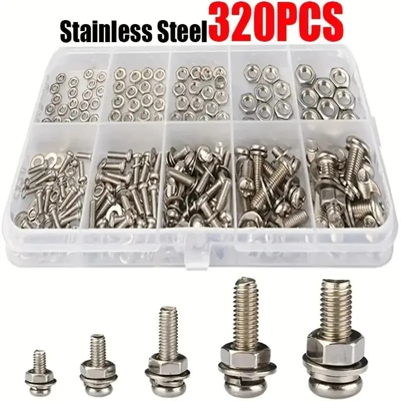 Premium 320-piece stainless steel screws and nuts assortment - Snap nuts, corrosion resistant, M2 to M5 size - Ideal for DIY,