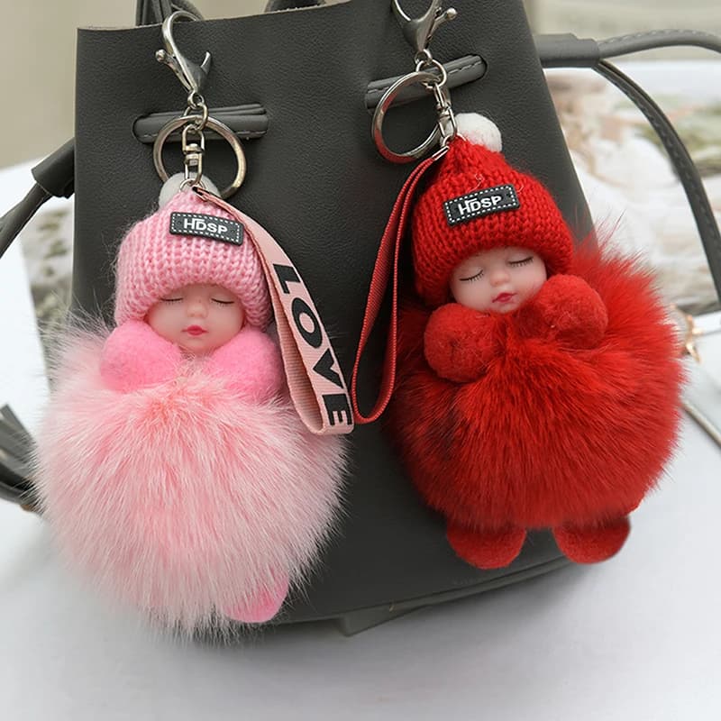Women's Bags for Girl Keychain Pompon Sleeping Baby Keychain Soft and cute plush doll Keychain for Car Gift Charming Decoration