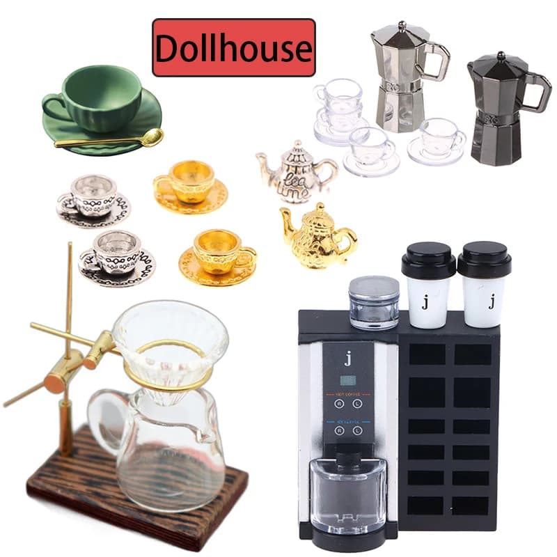 1Set 1:12 Miniature Doll House Coffee Prepared Handmade Stand Glass Pot Embedding Mini Coffee Maker Cup Model Kitchen Decor