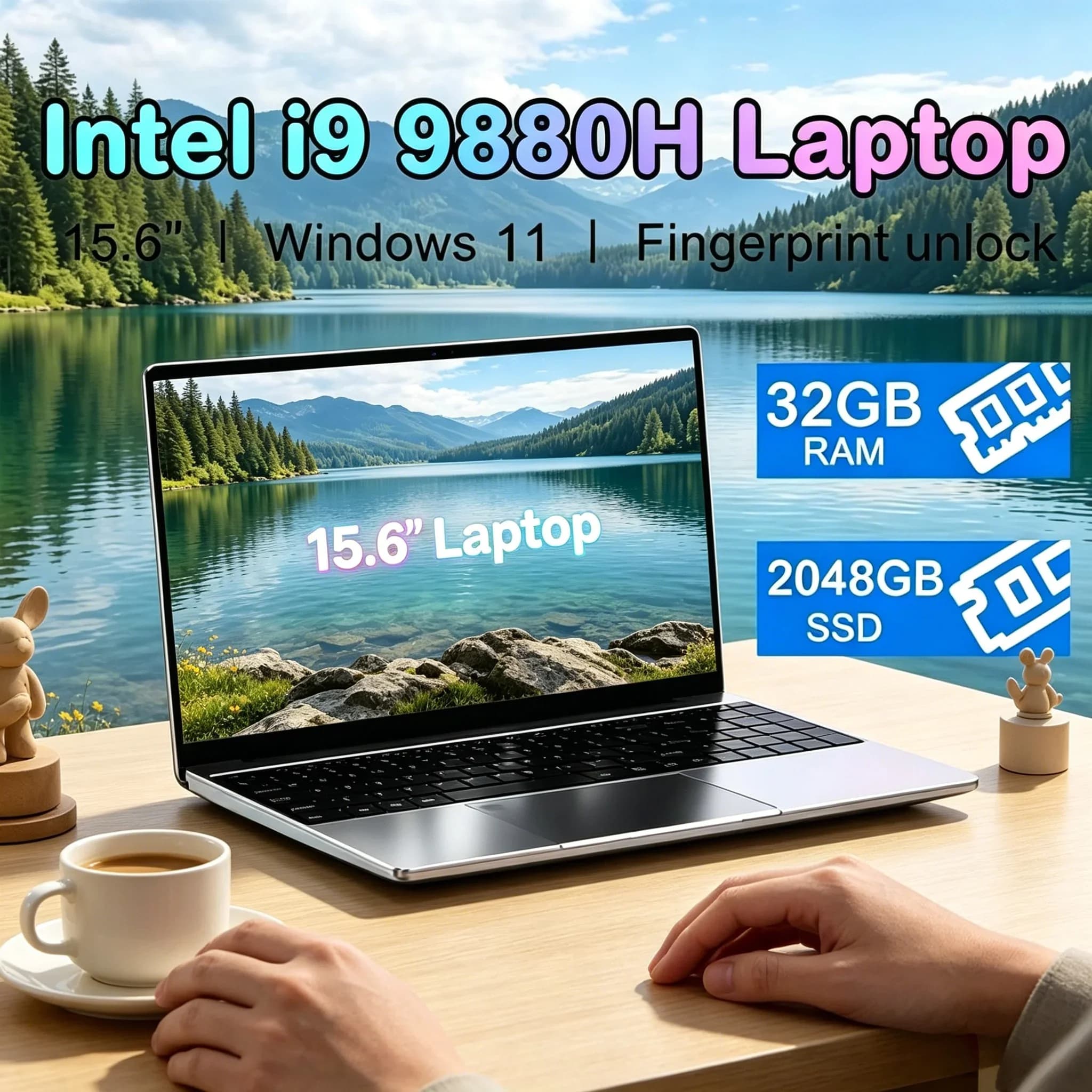Computer Portatile ad Alta Velocità 15.6 Pollici, Intel I9-9880H, 32GB RAM, 2TB SSD, Ultra Sottile, per Lavoro e Gaming, Windows 11