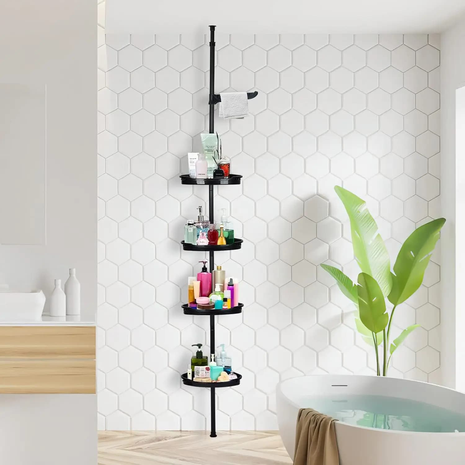 4 Tier Corner Shower Caddy Tension Pole Rust Proof Telescopic Rod Rustproof Standing Storage Rack Shower Organizer Stainless Steel Decor Shelf for Bathtub Shampoo Accessories