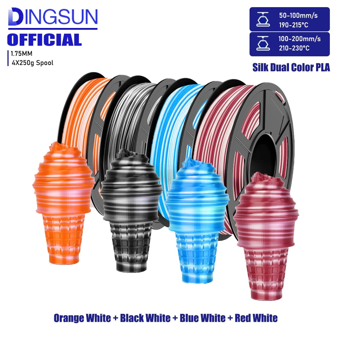 3D PLA Printer Filament, PLA Multicolor Polished Christmas Rainbow Filament 1,75 mm, 3D Printing Filament PLA fast change of color