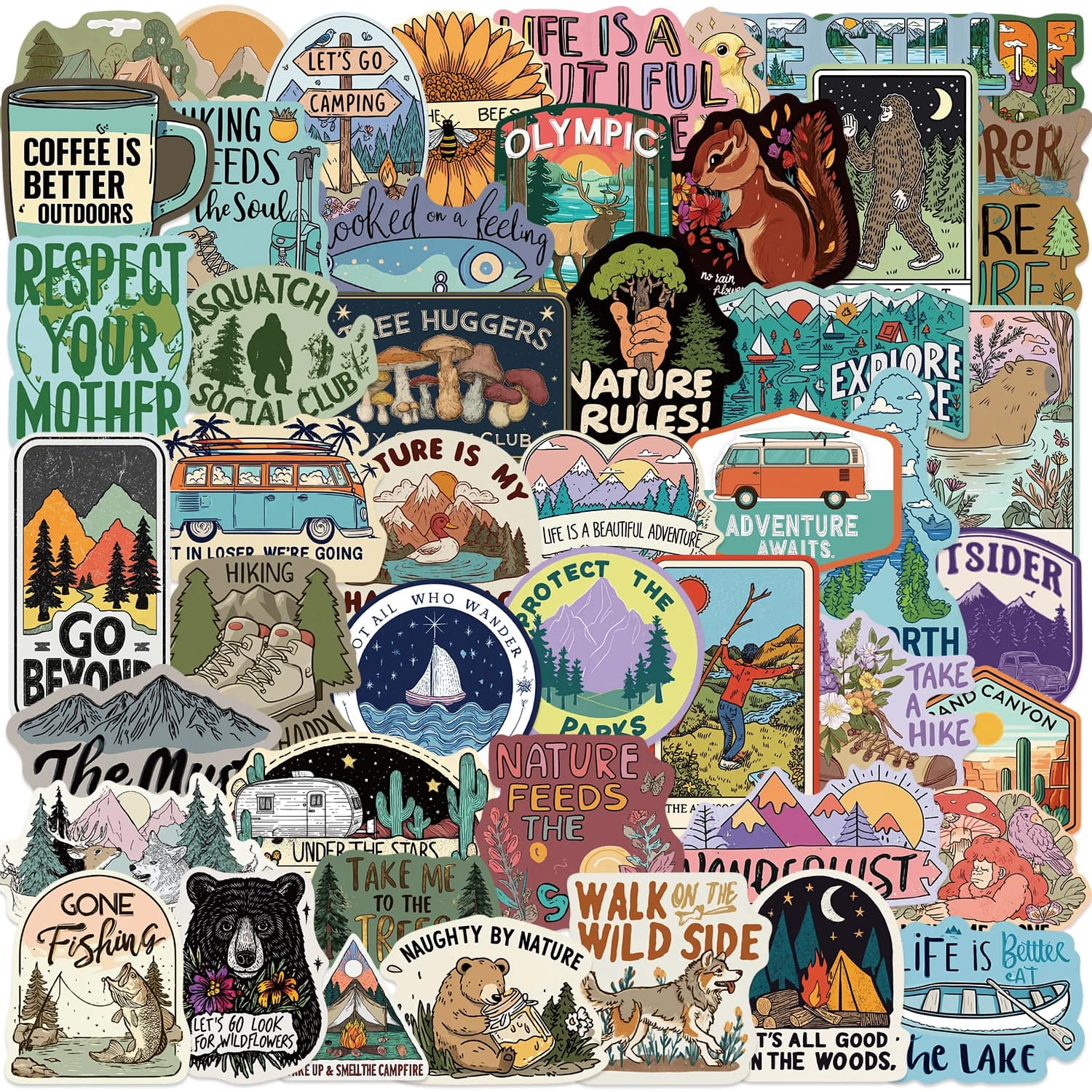 50 Adesivi con Regole Naturali della Natura Selvaggia, per Avventure all'Aperto, Campeggio, Escursionismo, Adesivi in PVC per Laptop, Telefono, Bagagli, Decalcomanie Cartoon Cool