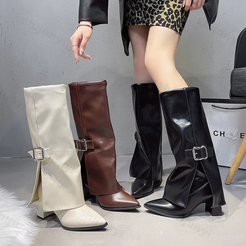 Women's Long Boots Fashion High Heels Pointed Toe 2026 Designer High Leather Knee Shoes Metal Belt Buckle Woman Mujer Botas