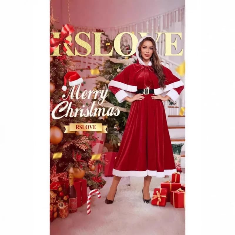 Women's Christmas costume, Grinch costume for adults, long dress with hood for parties, white red shows with waist belt