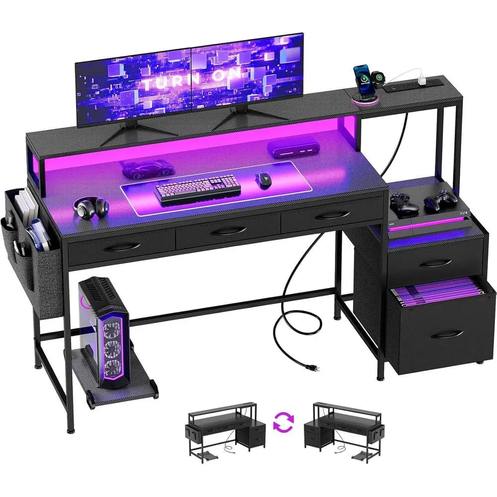 Scrivania da Gaming in Fibra di Carbonio 61 con Luci LED, Reversibile, Cassetto Portaoggetti, Supporto Monitor e Stazione di Ricarica