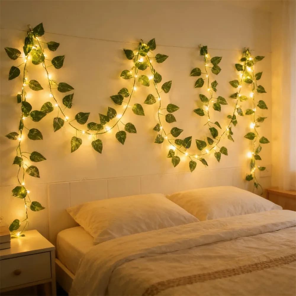 Luci a LED a Forma di Foglie di Rattan Verdi, Alimentate a Batteria, per Decorazioni Esterne, Matrimoni, Ramadan, Casa, Stanza, Festività