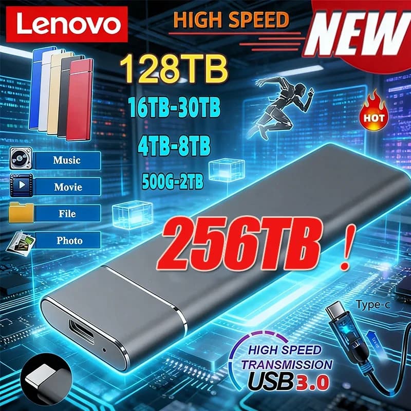 SSD Portatile Lenovo da 256TB, Mini SSD da 1TB 2TB ad Alta Velocità, Unità di Archiviazione Massiva Originale USB3.0, Disco Rigido Esterno per Computer e Laptop