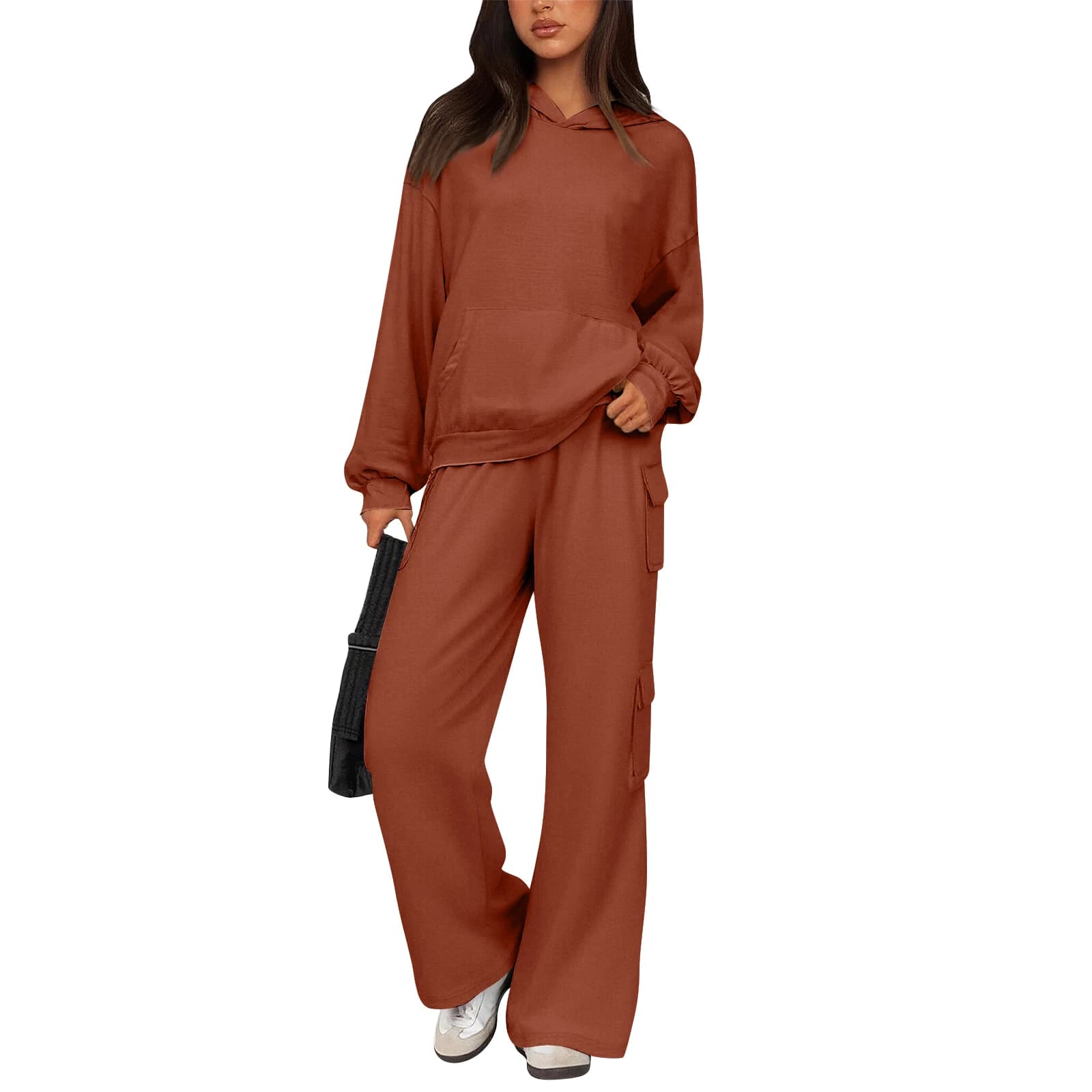 Set Two Pieces Woman Relaxed and Elegant, Hoodie and Cargo Pants in Gamba Larga, Outfit Casual Comfortable and Trendy