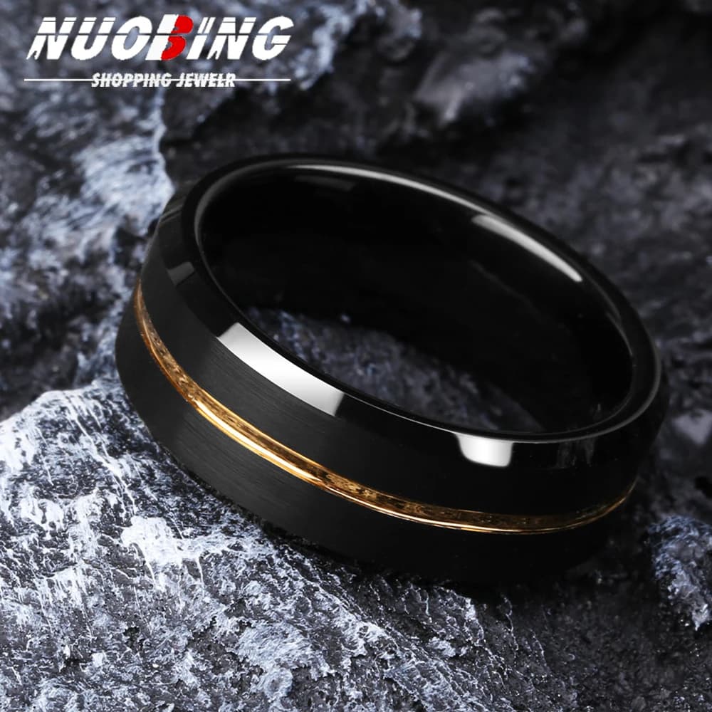 2025 Moda 8mm Anelli per fedi nuziali in tungsteno nero da uomo Anello di fidanzamento con bordo smussato con scanalatura dorata per regali di San Valentino Je
