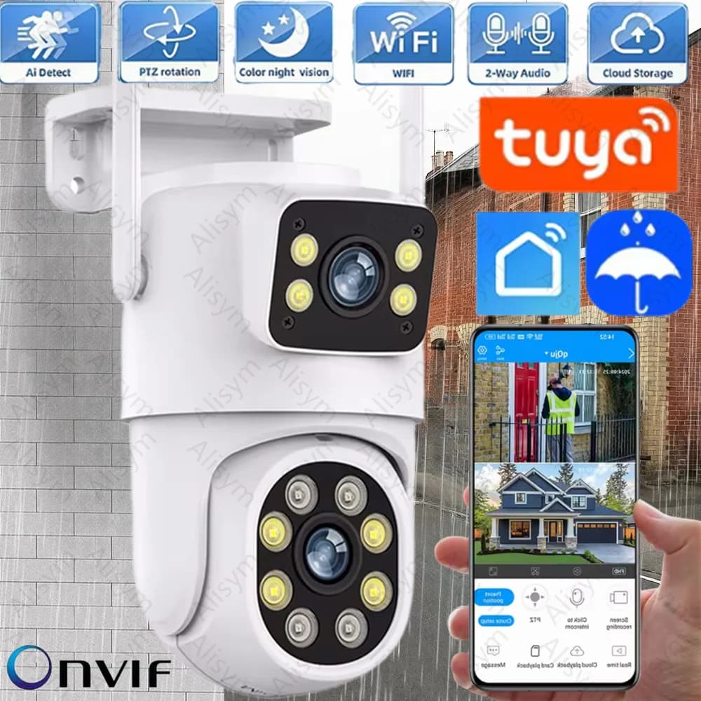 Telecamera WIFI Tuya 5K 10MP a Doppia Lente Full HD con Doppio Schermo, Tracciamento Automatico AI, Telecamera PTZ per Videosorveglianza Esterna