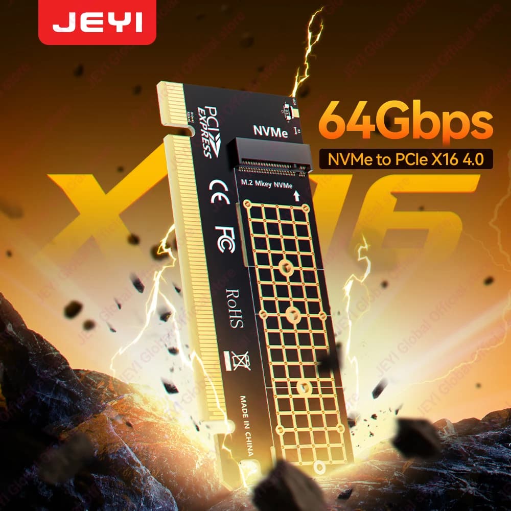 Scheda adattatore JEYI M.2 NVMe a PCIe 4.0 x16, supporta velocità SSD da 64 Gbps e 4 TB, compatibile con SSD NVMe 2280/2260/2242/2230