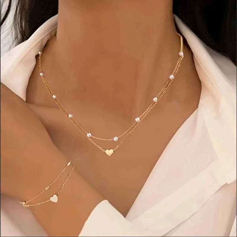 Fashion Imitation Pearl Heart Jewelry Set For Women Gold Silver Color Round Beads Necklace Bracelet Set Daily Wear Accessories