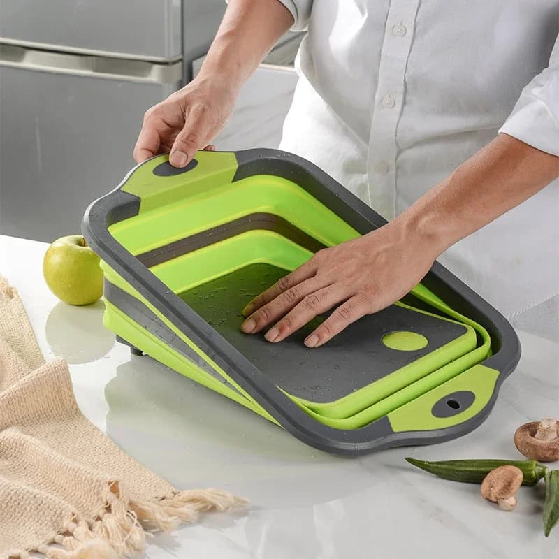 Tagliere pieghevole con colino Tagliere pieghevole multifunzione in silicone per lavabo, scolapiatti, portaoggetti da cucina