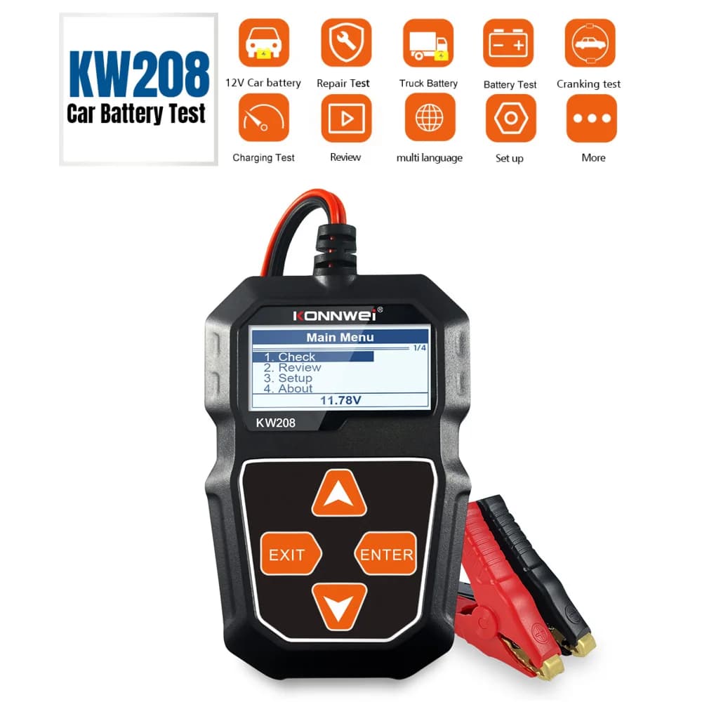 KONNWEI KW208 12V Tester batteria per auto Avviamento Tester di circuito di ricarica Analizzatore batteria 12V Volt Strumenti batteria Analizzatore batteria