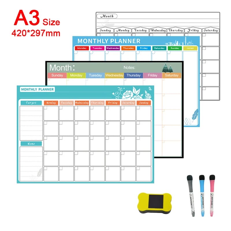 A3 cancellabile a secco magnetico mensile settimanale Planner calendario pennarelli lavagna, magnete frigo messaggio giornaliero Memo frigorifero Sticker