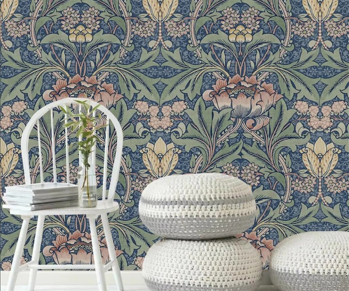 Carta da Parati Murale Personalizzabile Blu Retrò con Piante e Fiori, Decorazione per Tutta la Casa, Copertura Completa con Foglie e Fiori, Carta da Parati Piatta