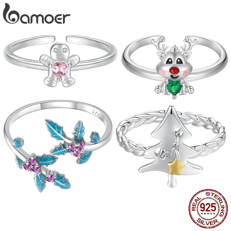 Bamoer Originale 925 Sterling Silver Anelli Di Natale Albero Alce Holly Pan di Zenzero Oro Bianco Carino Per Le Donne Regalo Del Partito Gioielleria Raffinata