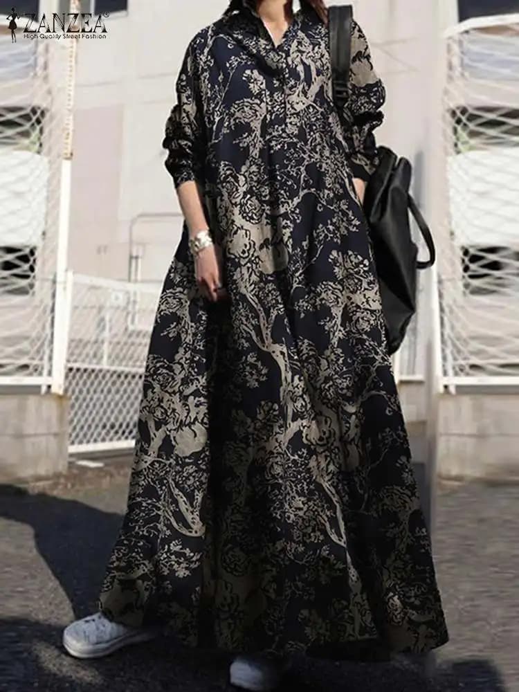 2024 Autumn Maxi Summer Dress ZANZEA Long Shirt Vintage Cotton Women's Dress Printed Floral Sleeve Long Sleeve Feminine Holiday Dresses Vestes