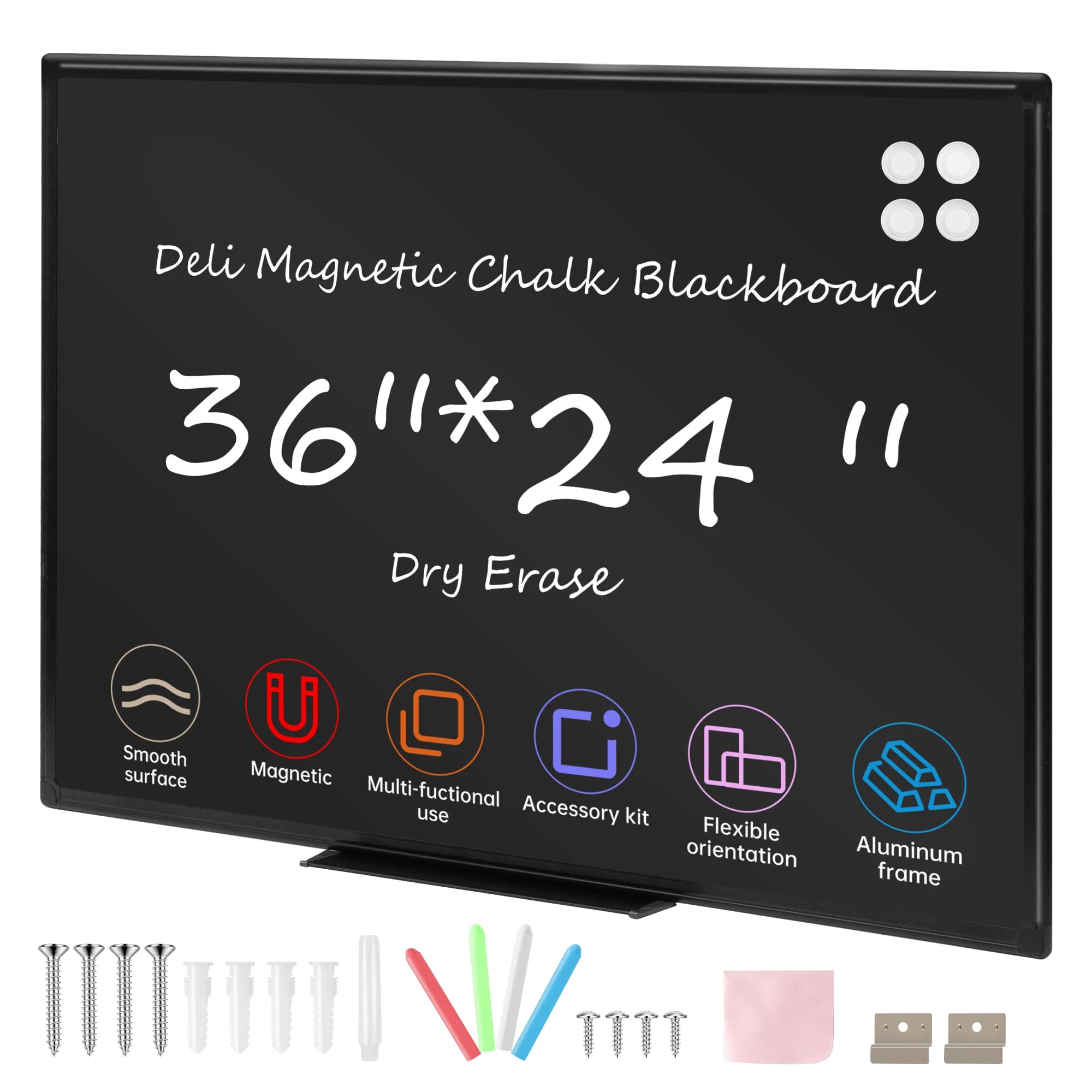 Lavagna magnetica Deli cancellabile a secco, lavagna nera montata a parete da 36" x 24" con telaio in alluminio per la scuola e la casa