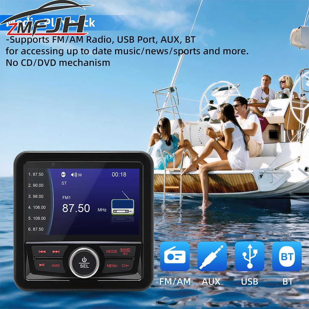 Lettore radio MP5 per barche marine impermeabile Lettore audio stereo multimediale digitale compatibile con Bluetooth per altoparlante SPA RV ATV UTV