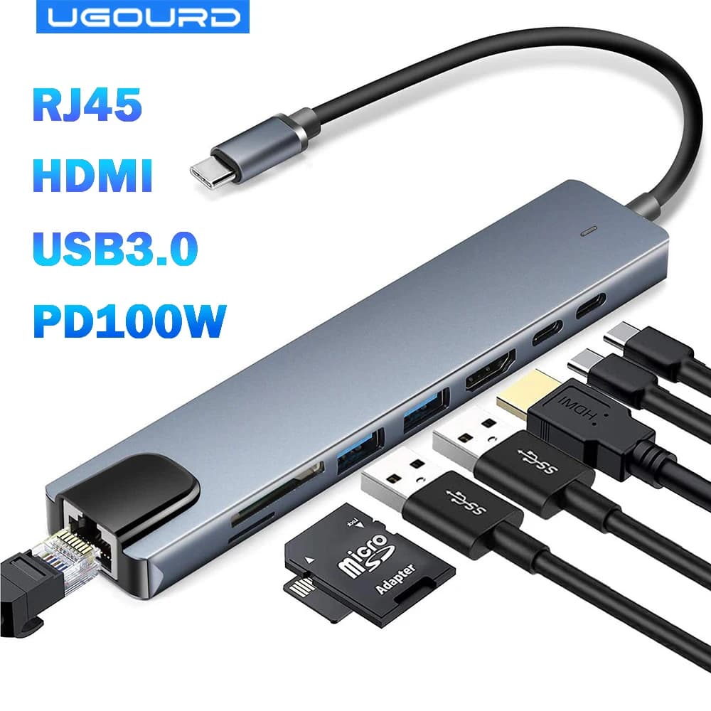 USB C Adapter HUB type C to HDMI Ethernet Adapter 4K30Hz to RJ45 100/1000Mbps VGA Extender Audio 3.5mm PD100W for MacBook laptop