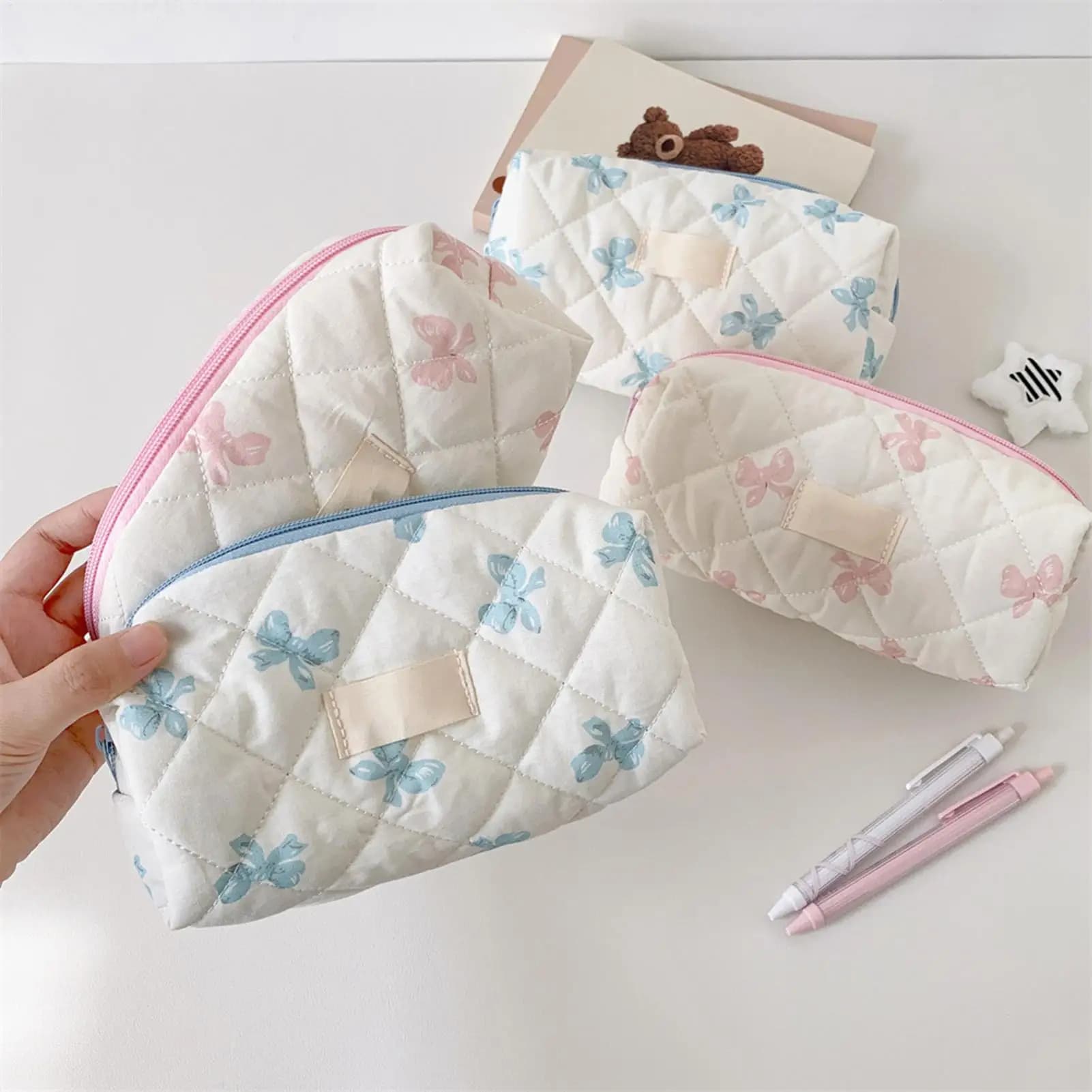 Borsa portaoggetti di grande capacità, astuccio per matite, borsa per il trucco, borsa per cosmetici con stampa a fiocco, borse portaoggetti per articoli vari, organizer per cancelleria per studenti