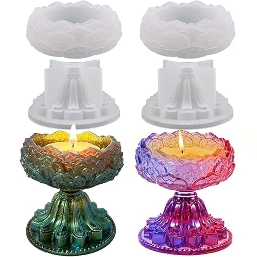 2 Sets Tealight Candle Holder Resin Molds, Lotus Tea Light Candleholders Silicone Moulds for Resin, Flower Votive Candlestick E