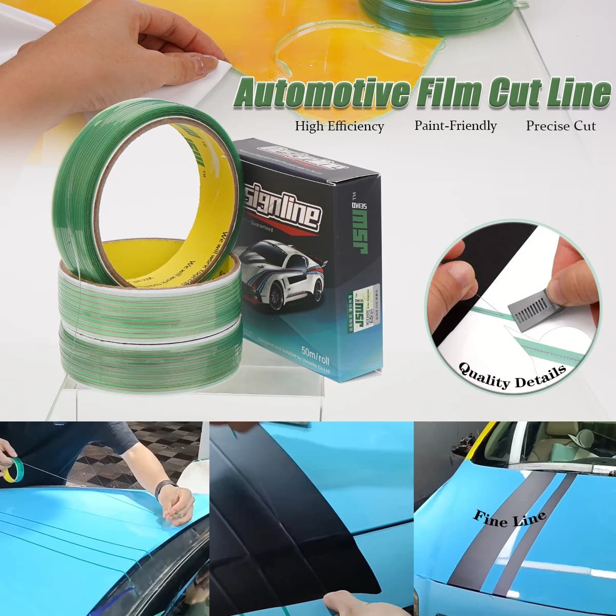 Strumento di posizionamento per pellicole auto da 5/10/50M, per il taglio di linee di design senza coltelli, nastro senza cuciture per dettagli dei bordi, per il posizionamento di pellicole protettive per auto.