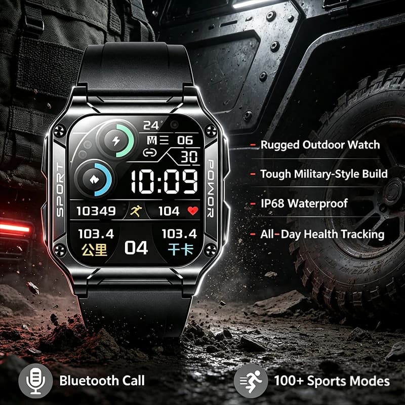 Men Outdoor Military‑Style Smart Watch Bluetooth Calling Heart Rate Tracker 100+ Sport Modes IP68 Waterproof Fitness Smartwatch