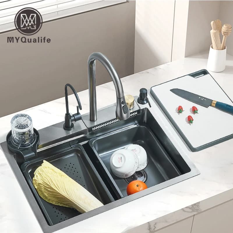 Lavello da cucina a cascata in acciaio inossidabile 304 Grande slot singolo integrato 60X45 cm Set di rubinetti Dispenser di sapone/Acqua pura/Rondella per tazze