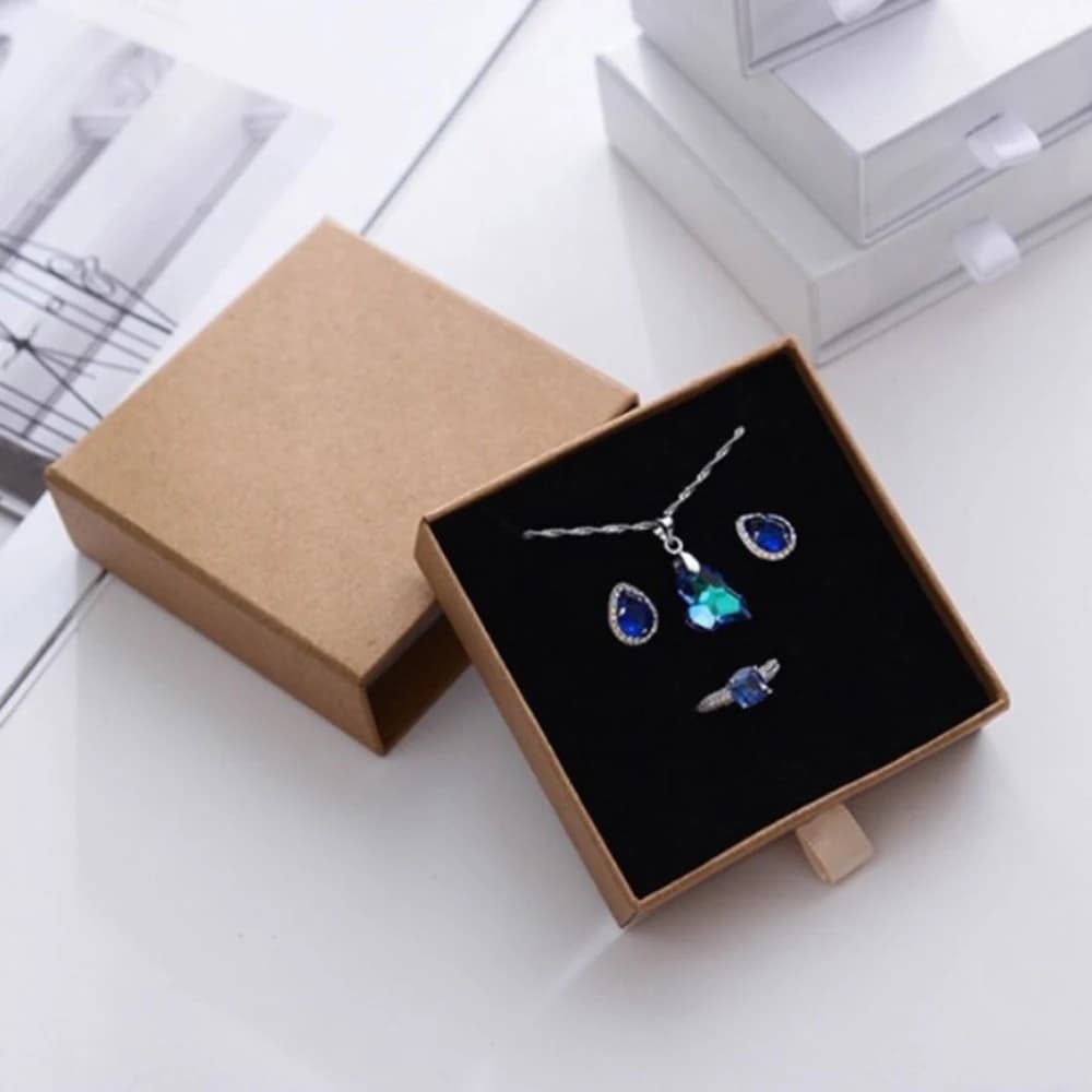 Portagioie con cassetto in carta kraft spessa da 1 pezzo con biglietto di auguri in spugna per collana, braccialetto, anello, scatola regalo, scatola per imballaggio di gioielli Joyero