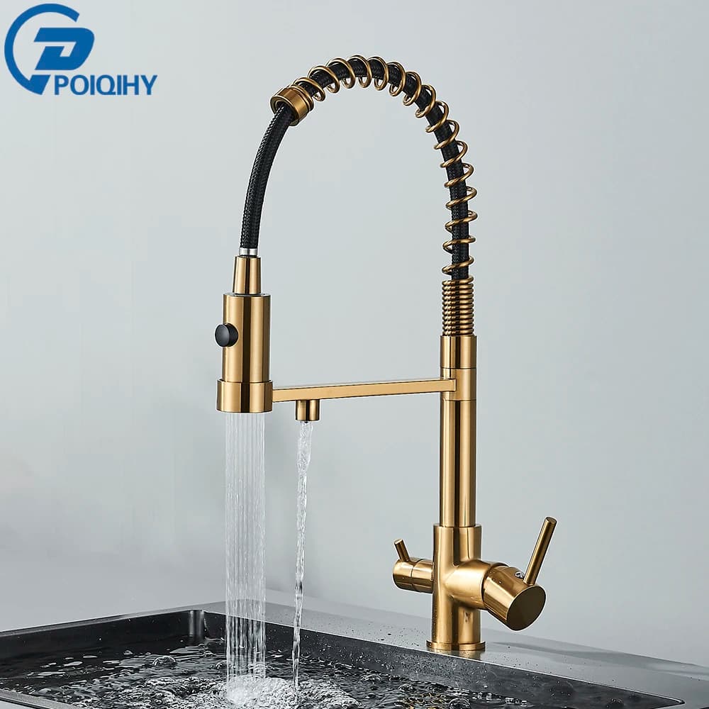 Rubinetto da cucina purificatore in oro spazzolato Rubinetti filtrati estraibili Doppio beccuccio Gru in ottone Doppia maniglia Miscelatore caldo freddo Montaggio su piano