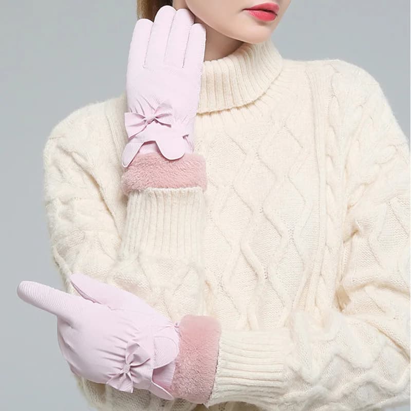 Women's Warm Winter Gloves Plus Velvet Waterproof Windproof Cute Bow School Ski Gloves Outdoor Cycling Touch Screen