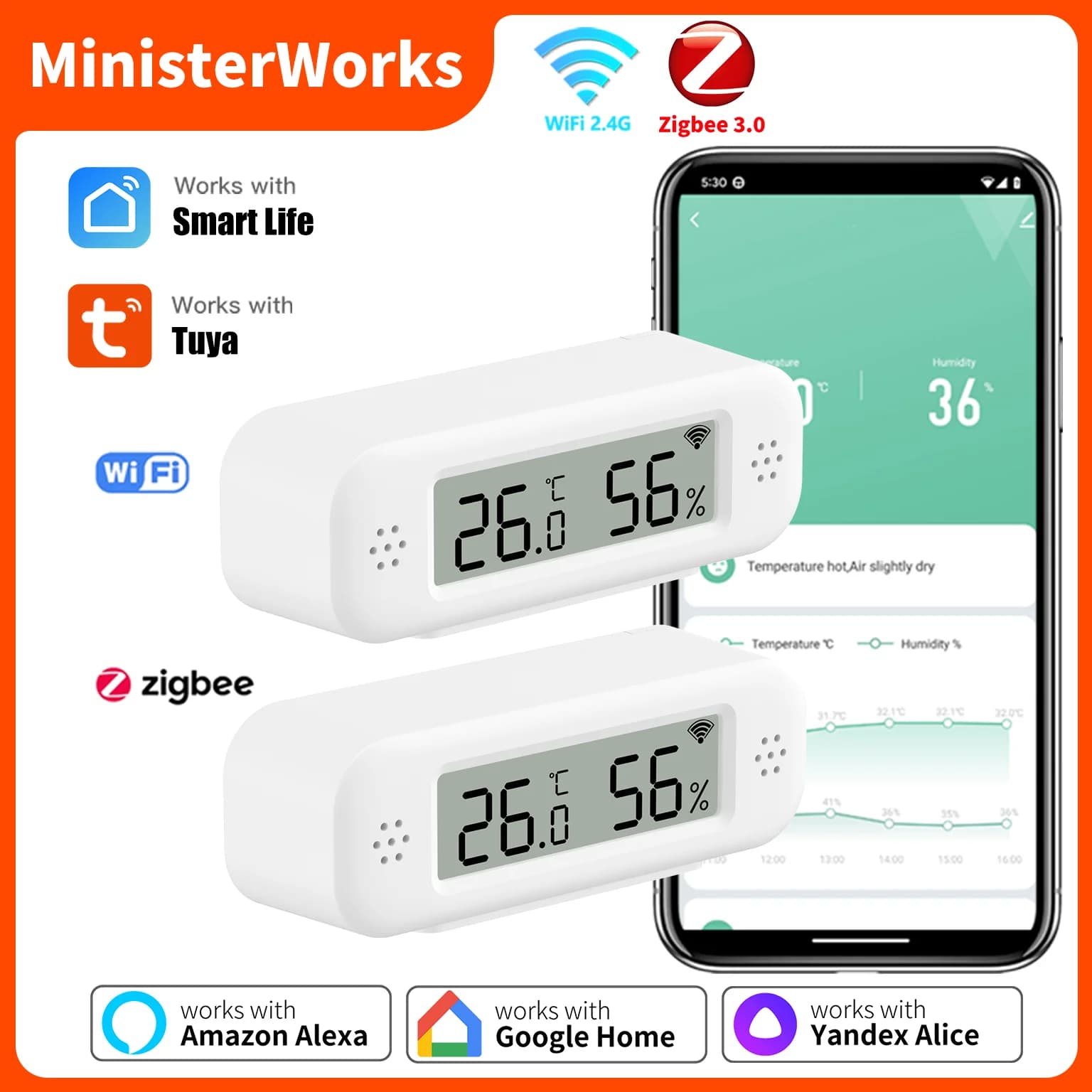 Tuya WiFi Zigbee 3.0 Temperature Humidity Sensor Igrometer Thermometer App Monitor Remote Works with Yandex Alexa SmartLife