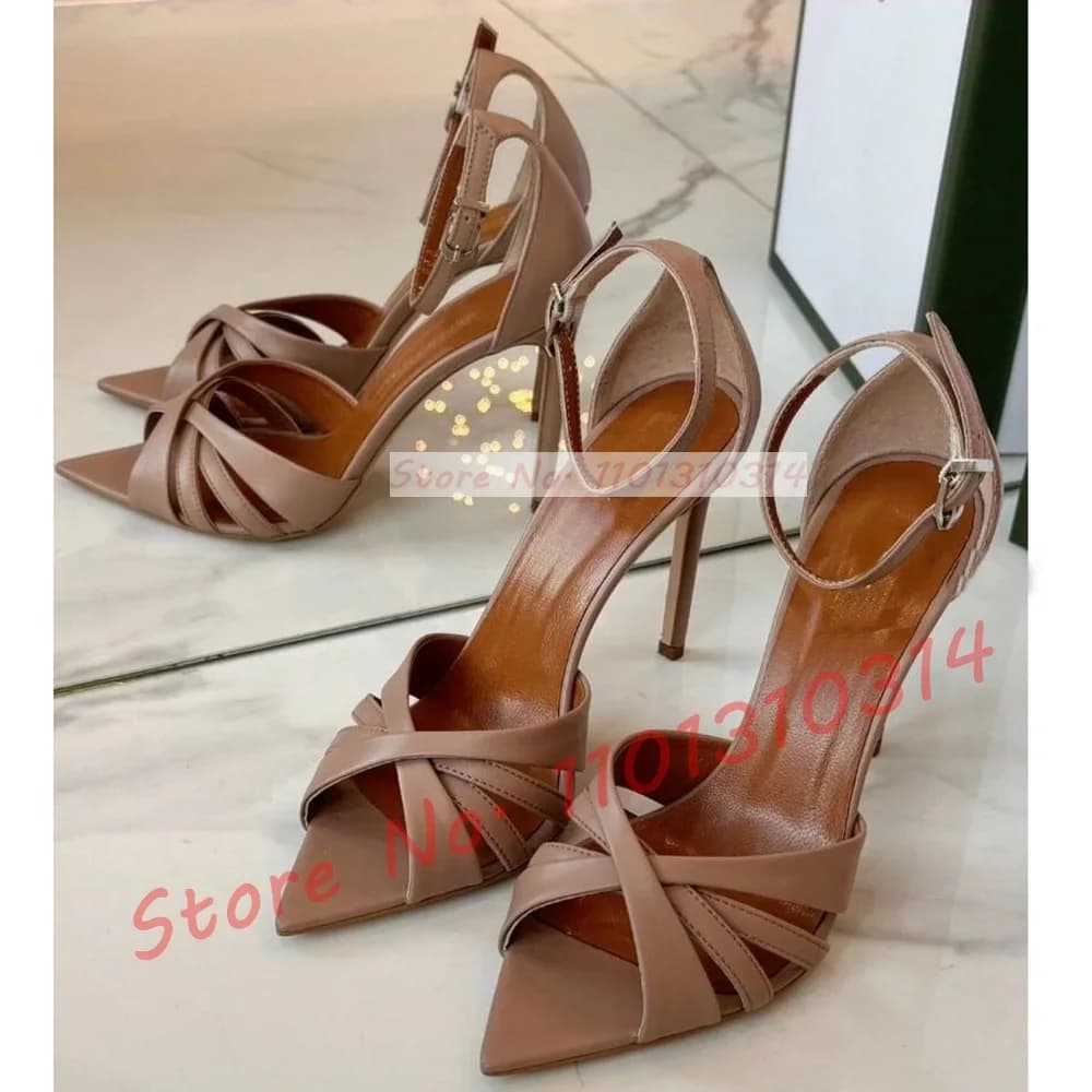 Sandals with high heel with bare cross strap Fashionable women's sandals with pointed toe White satin sandals class women's dress with ankle strap casual shoes