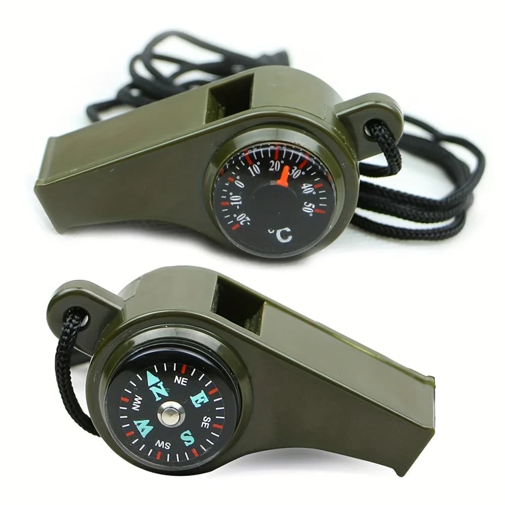 1 fischio di sopravvivenza di emergenza 3 in 1 verde oliva con bussola, termometro e cordino, perfetto per il campeggio, accessori da campeggio