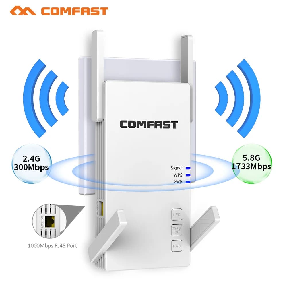 COMFAST 2100Mbps Gigabit Wi-Fi Extender a lungo raggio 802.11ac Ripetitore WiFi Booster 2.4G 5G 4 Antenna Ripetitore Wifi Amplificatore
