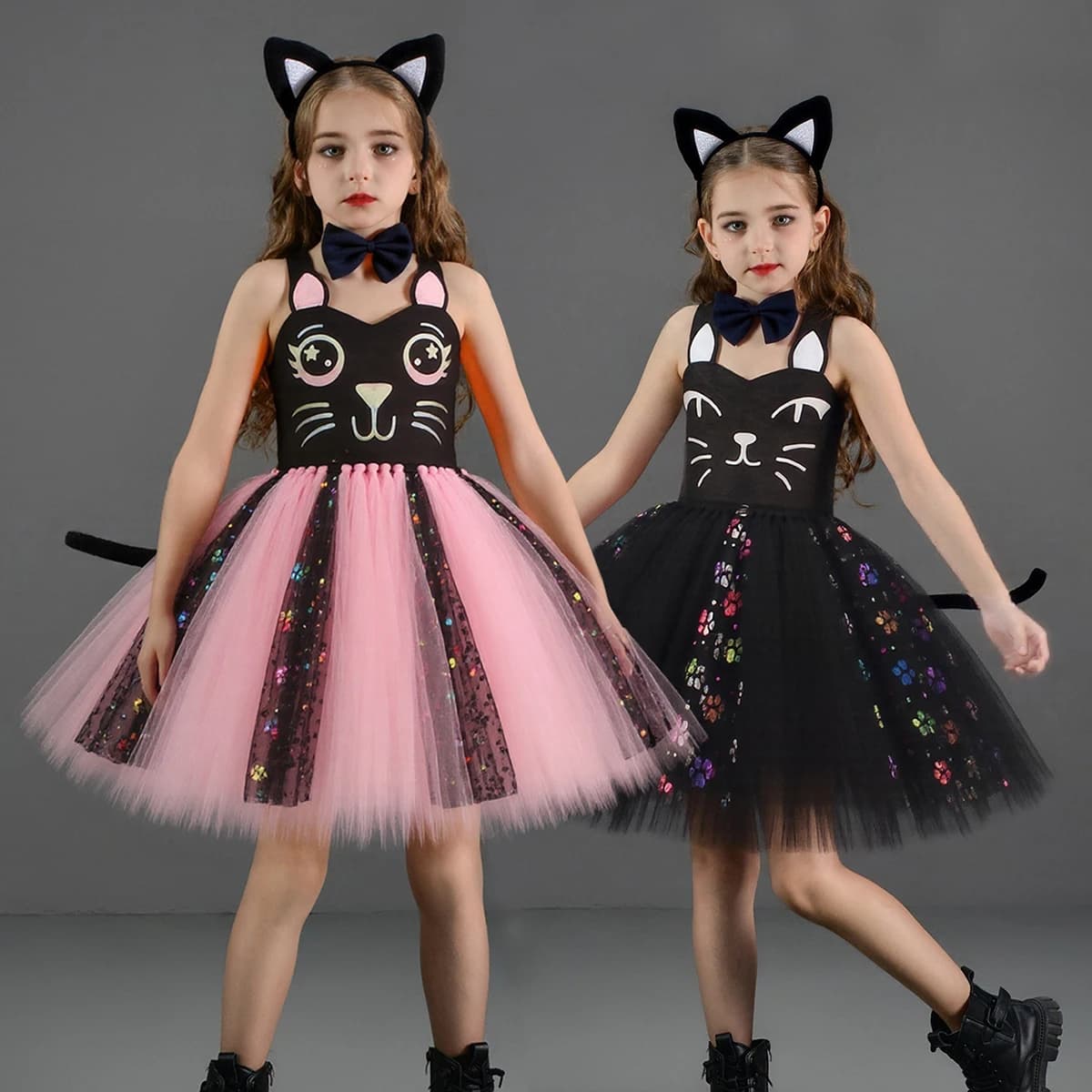 Abito tutù gatto nero rosa per neonate Costume da Halloween per bambini Costume da compleanno per gattino animale con orecchie Orecchie Coda di papillon