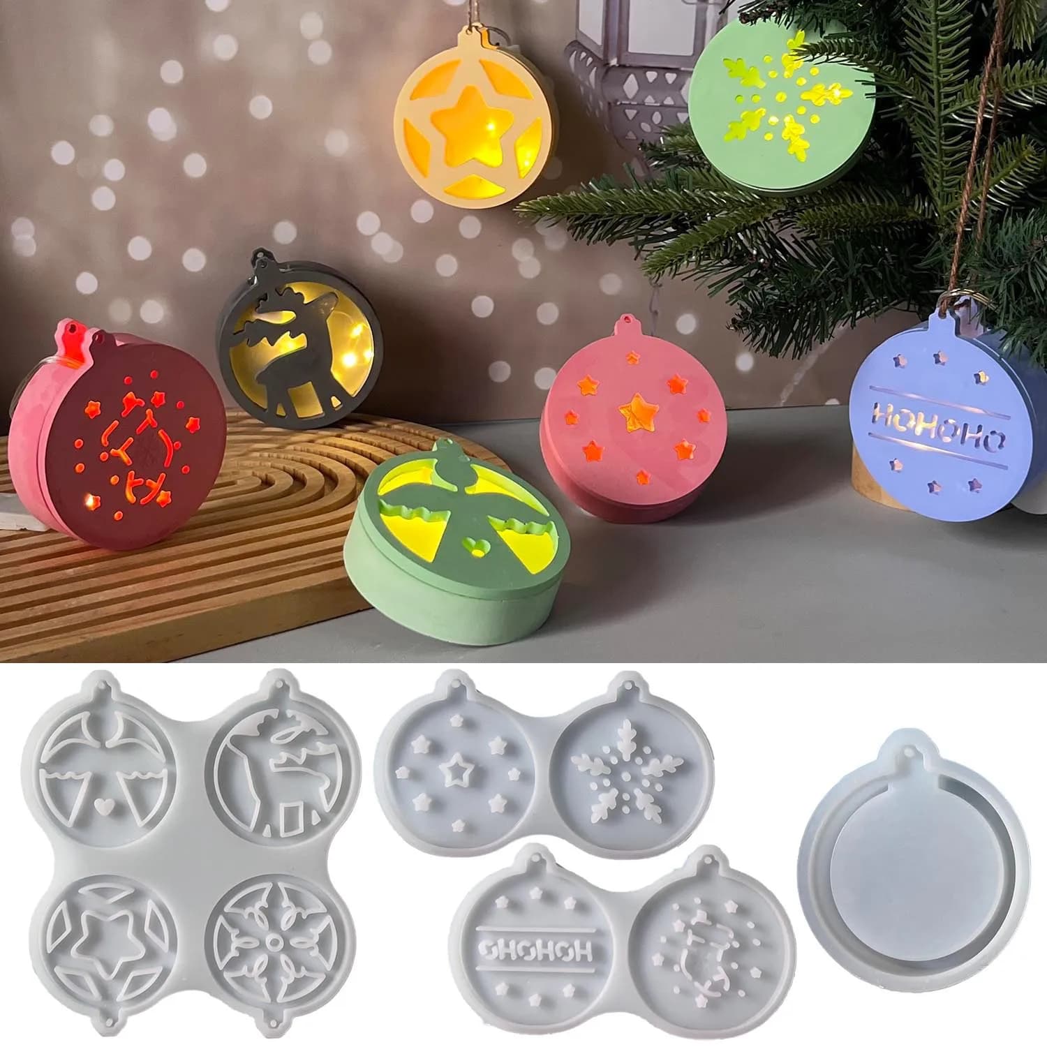 Stampo in silicone per ciondolo con luce notturna serie natalizia, fiocco di neve rotondo, atmosfera d'angelo, decorazione leggera, stampi per gioielli in gesso