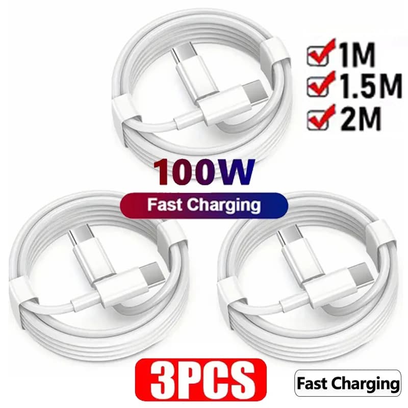 3 USB C cable parts to USB Type C PD 100W for Quick Charging and Data Transfer for iPhone 17 15 15Pro Huawei Samsung Xiaomi, White 1M 2M