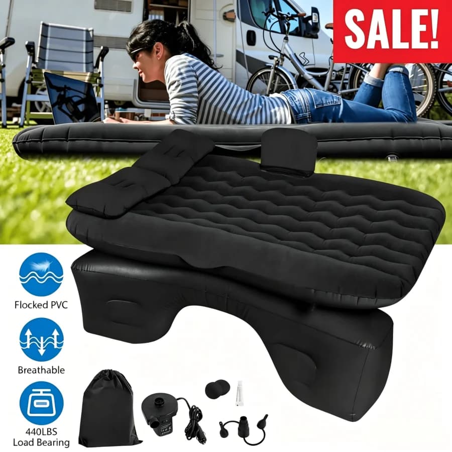 1pc Heavy Duty Inflatable Car Air Mattress, 440LBS Flocked PVC Back Seat Sleeping Bed With Pillows & Electric Air Pump, Universa
