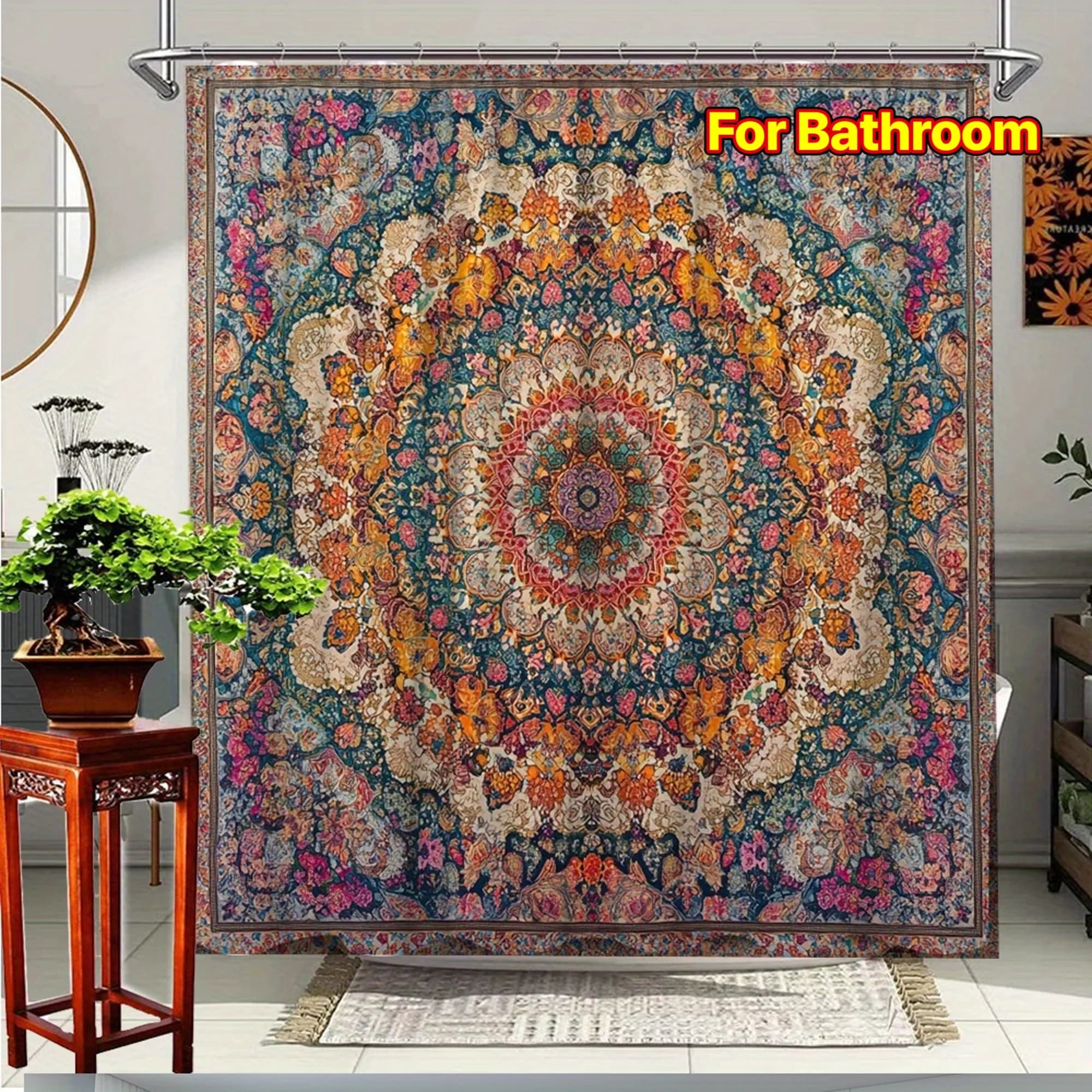Shower Curtain Multi Sizes 2D Flat Beige Floral Mandala Shower Curtain Suitable For Bathroom Partition Decoration Available In Various Sizes Comes With Hooks And Bathroom Additions Waterproof Washable Quick Dry Heavy Duty Bathroom Accessories Home Hotel