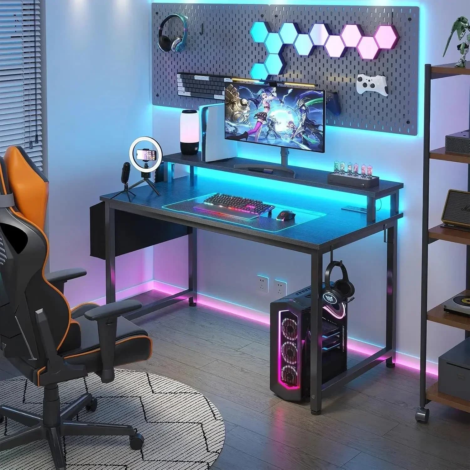 Black Gaming Desk with LED Lights and Current Clamps, 40-inch Studio Table with Monitor Support