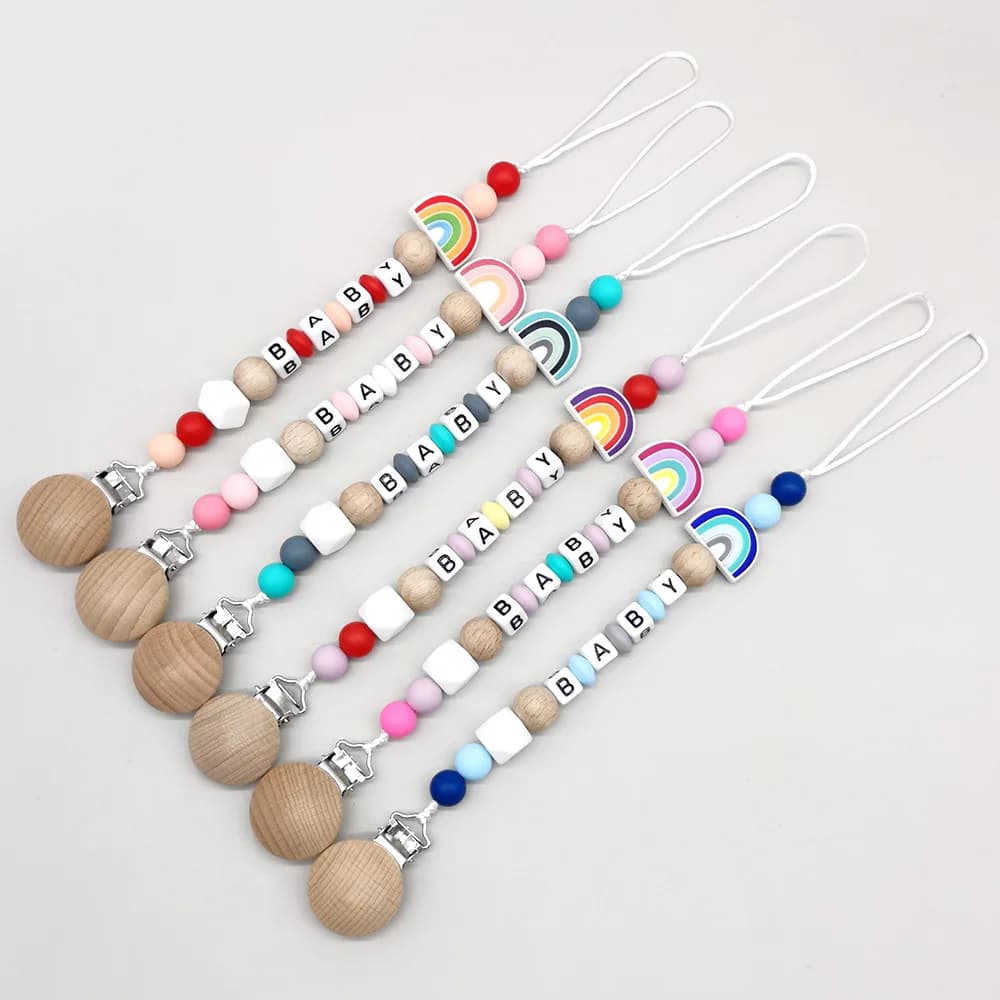 INS Clip per ciuccio per bambini Personalizza nome Personalizzato Arcobaleno Manichino Porta capezzoli Catena Succhietto Giocattolo da masticare Massaggiagengive Accessori per neonati