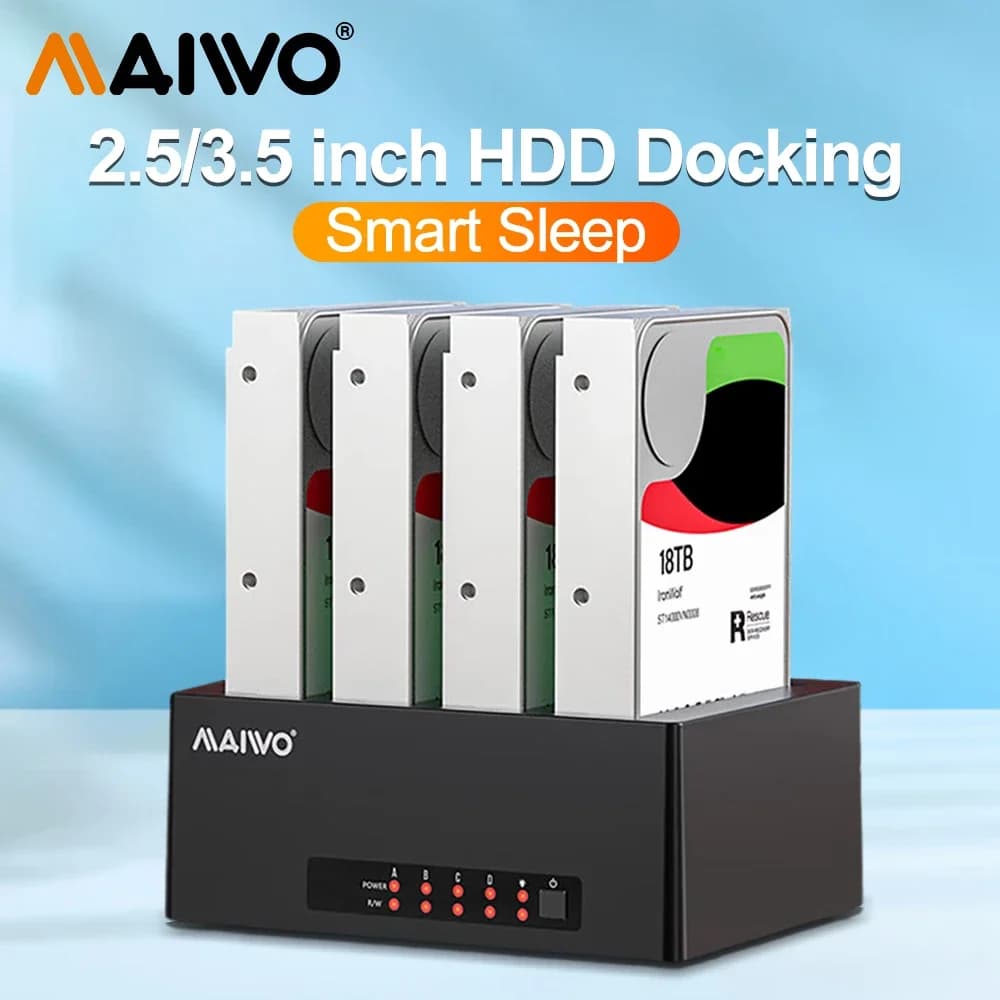 Docking station per disco rigido MAIWO Docking per disco rigido SATA a USB 3.0 da 4 alloggiamenti per stazione HDD/SSD da 24 TB da 2,5/3,5 pollici Scatola per unità SATA esterna